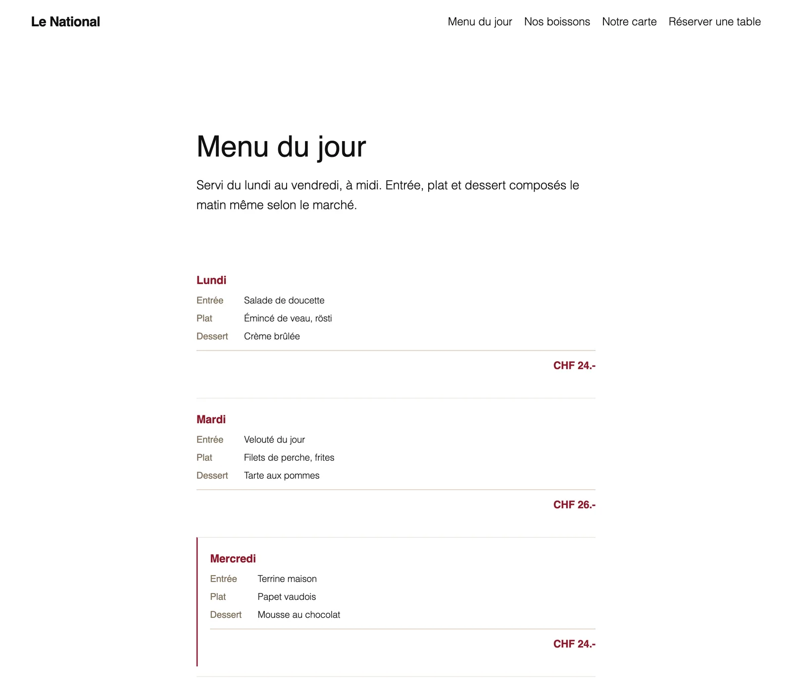 Page « Menu du jour » : chaque jour de la semaine dans son encadré avec entrée, plat, dessert et prix ; le jour en cours est mis en évidence.