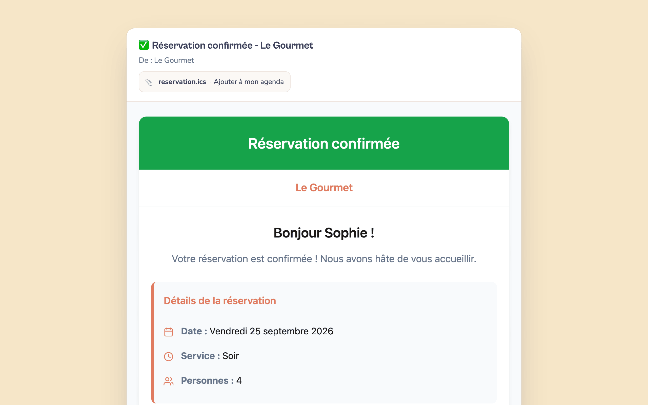 Ajout de la réservation au calendrier depuis l'email