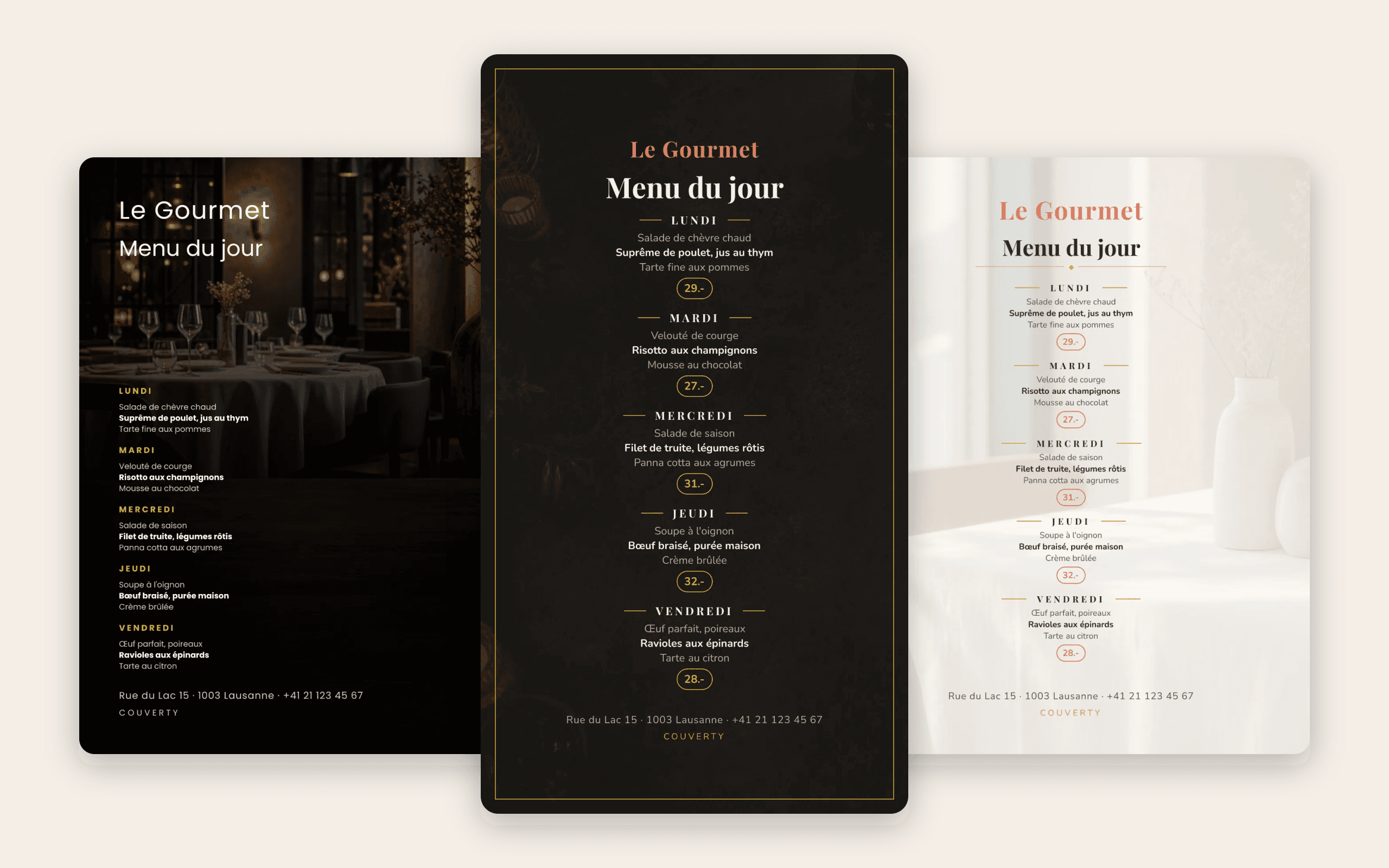 Tre locandine del menu del giorno create dall'IA di Couverty con i colori del ristorante