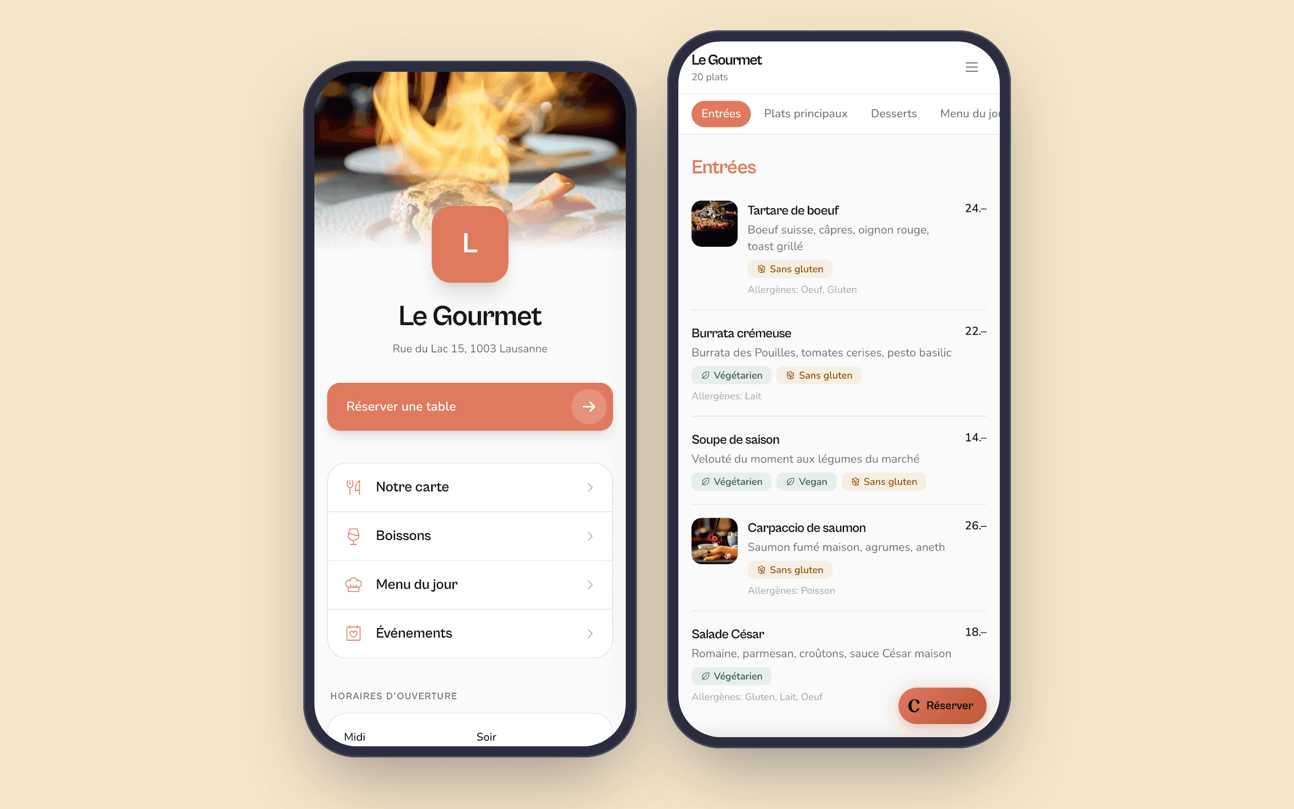 Page menu publique du restaurant, à jour en temps réel