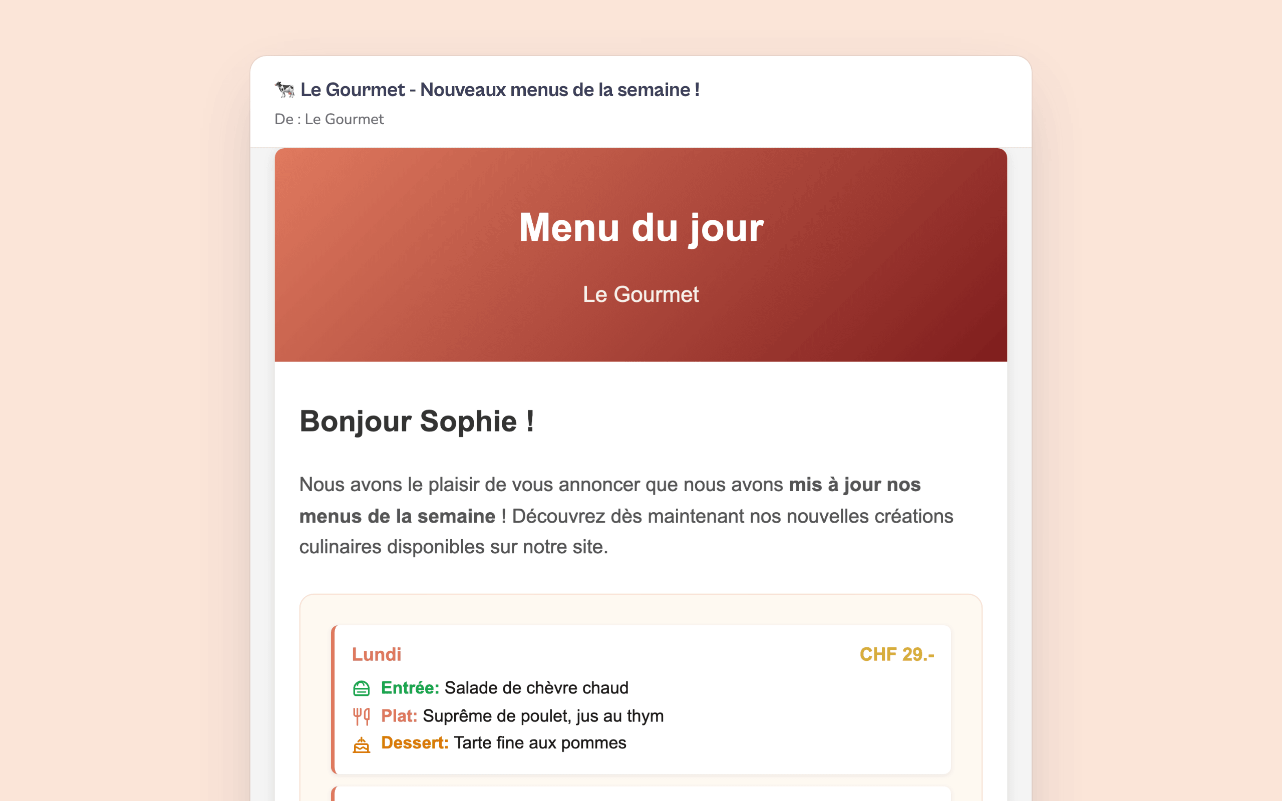 Menu of the week email sent automatically to subscribed guests