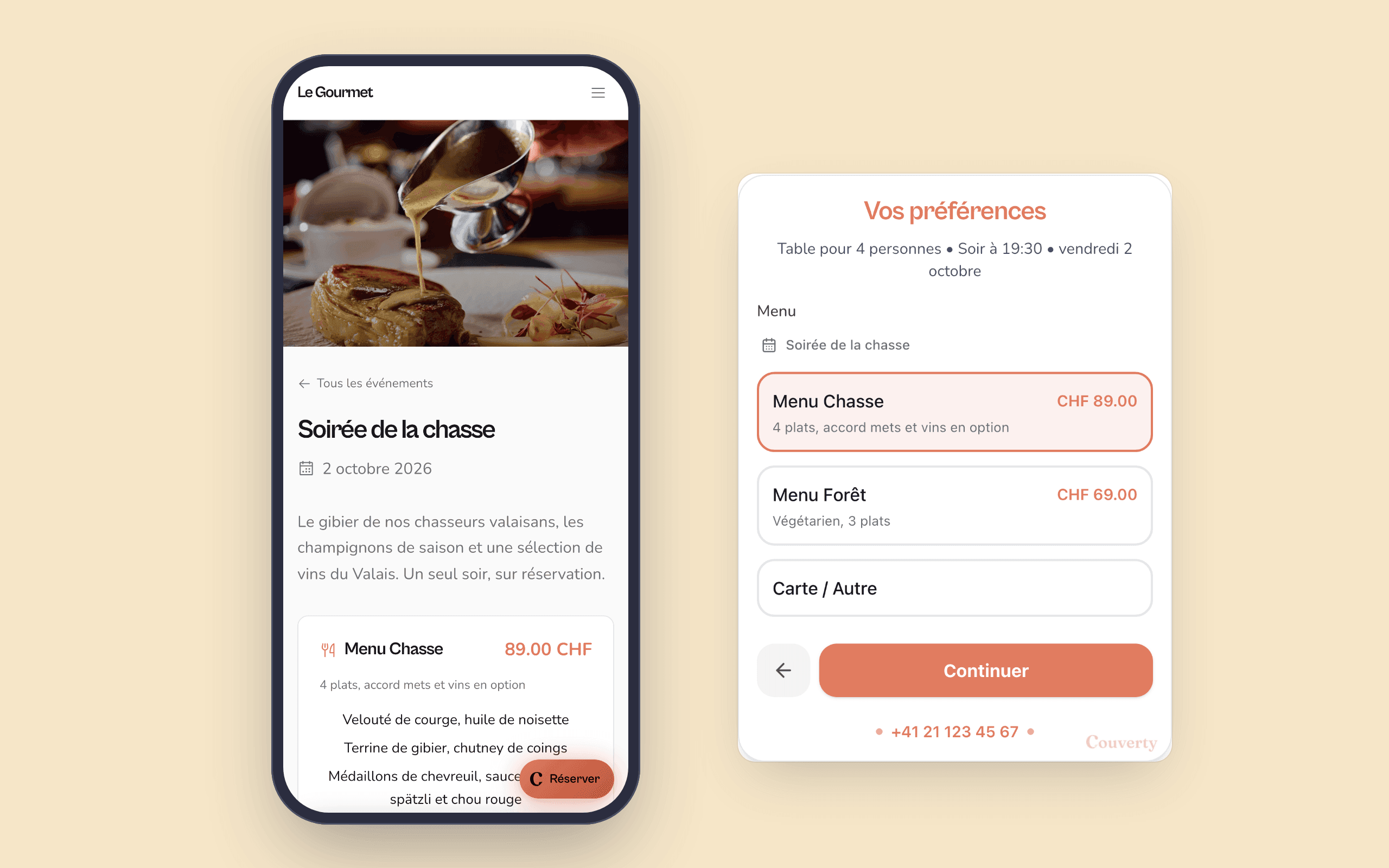Menu de l'événement proposé à l'étape de réservation dans le widget Couverty
