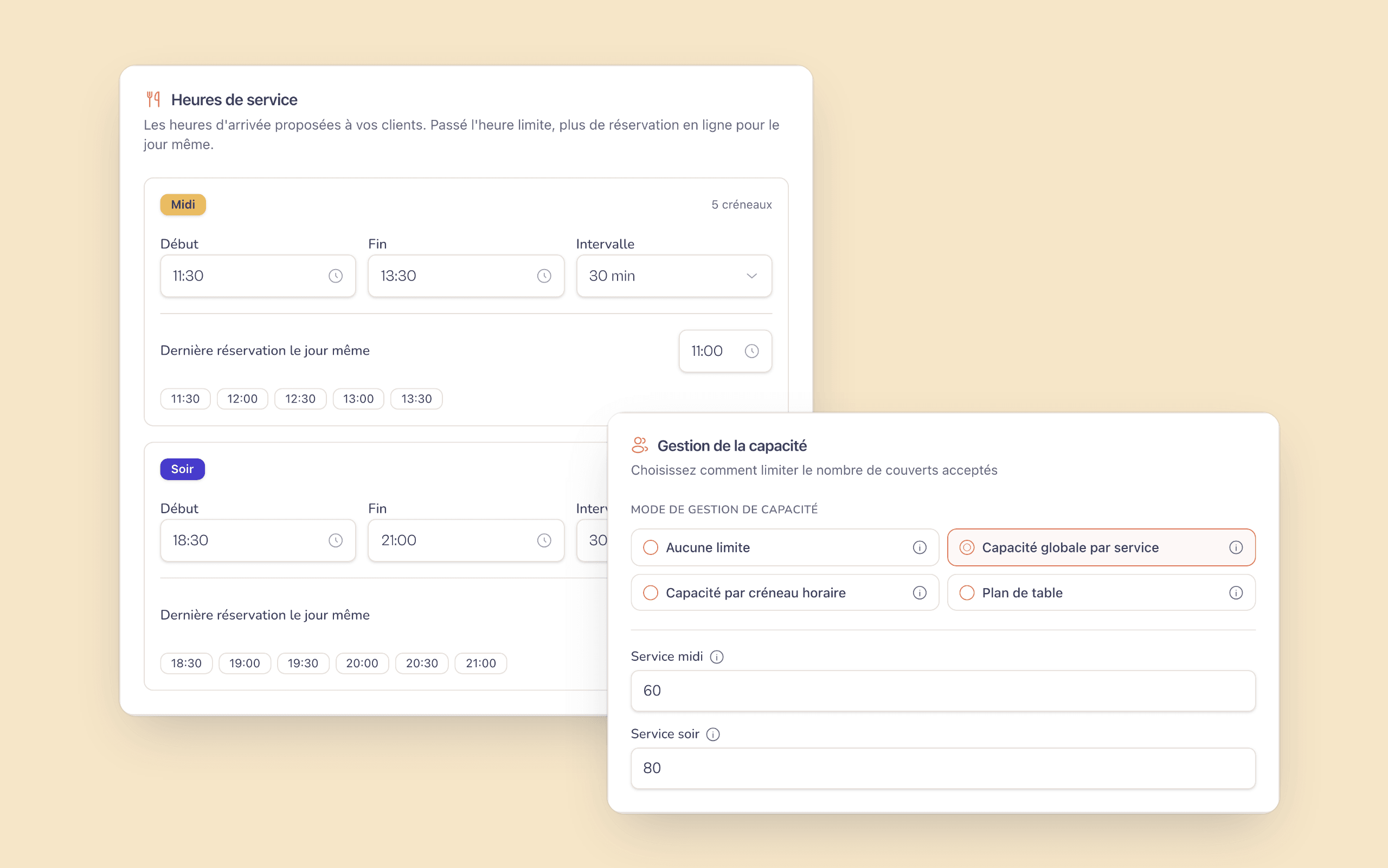 Capacity and meal duration settings per service