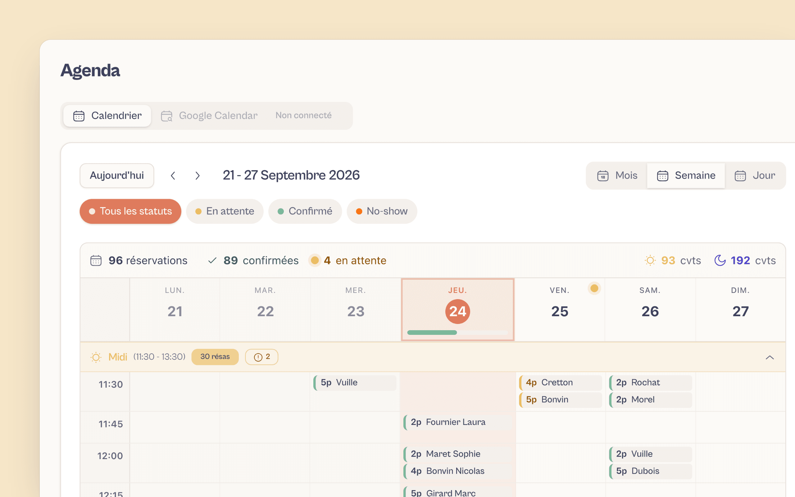 Agenda des réservations Couverty