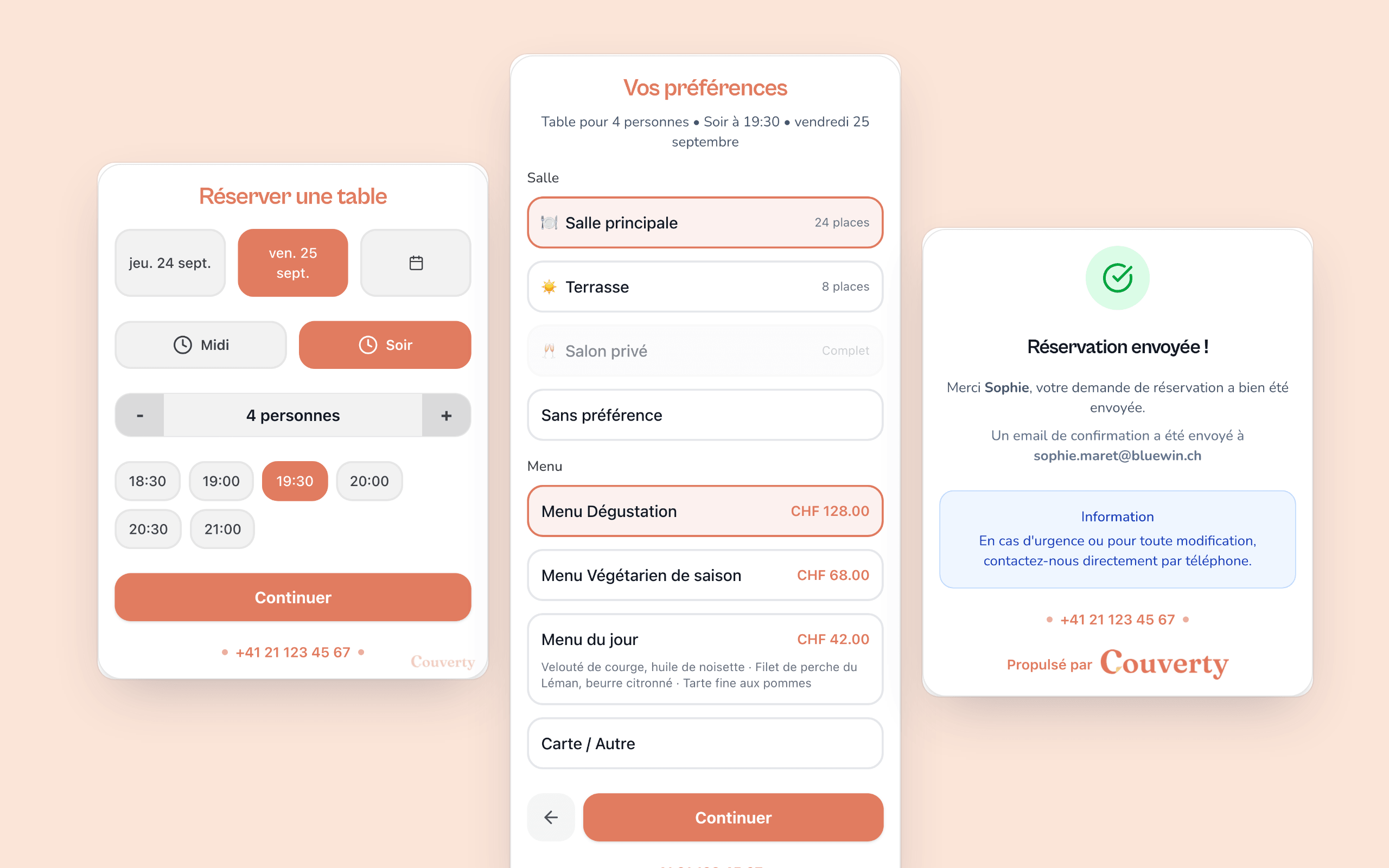 Widget di prenotazione Couverty su un sito di ristorante