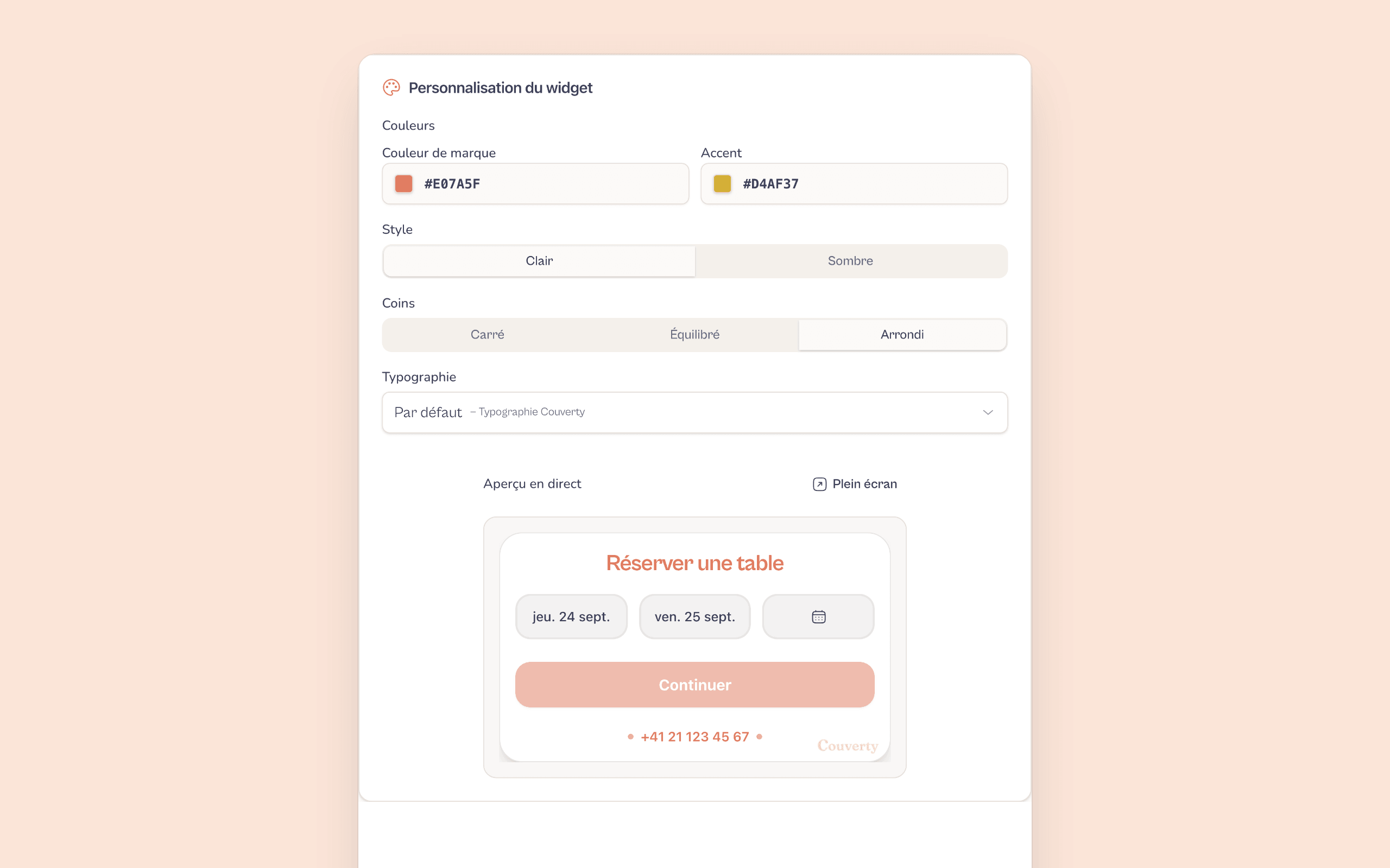 Widget customisation panel