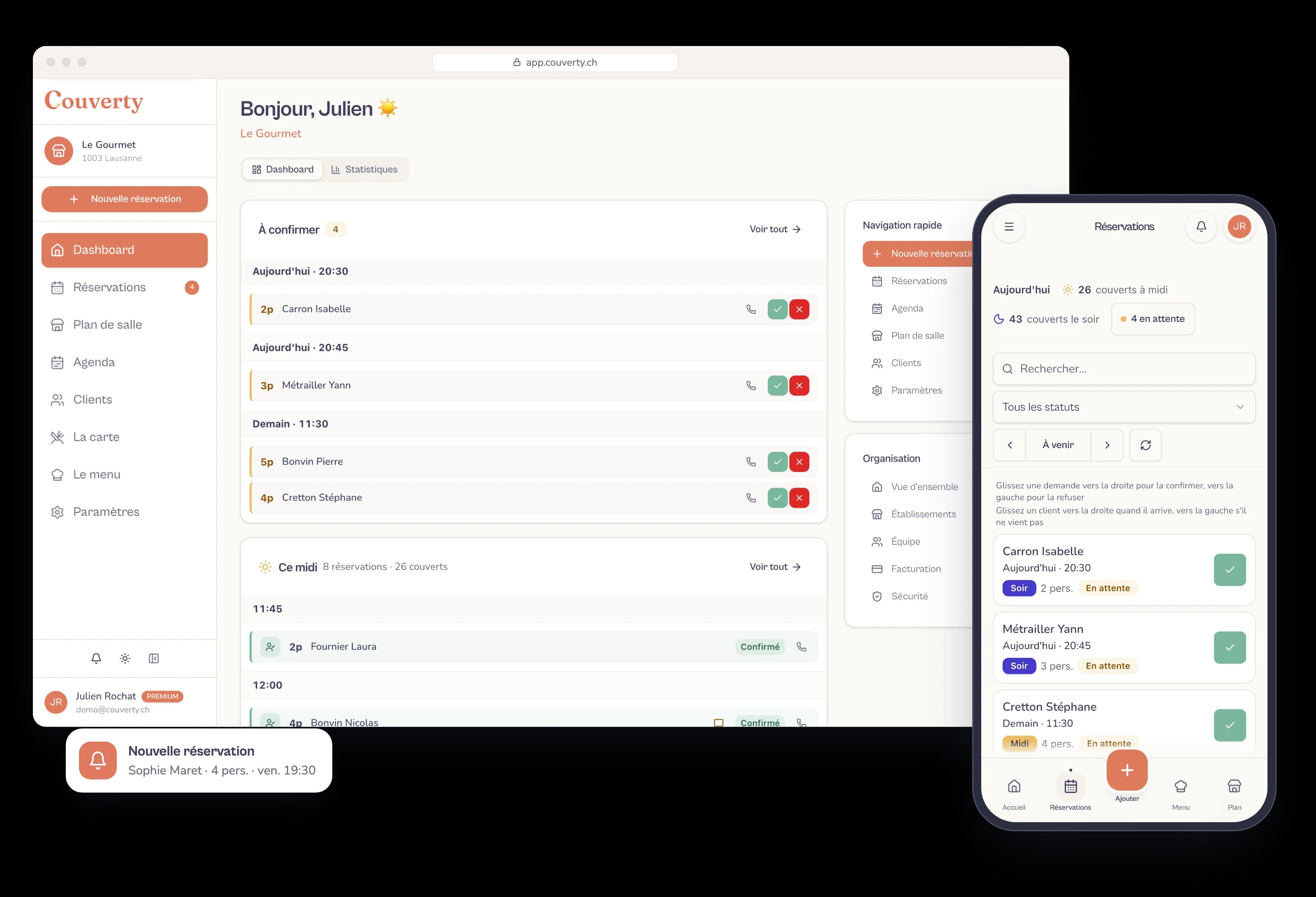 Le tableau de bord Couverty sur ordinateur et sur téléphone : réservations à confirmer et service du midi