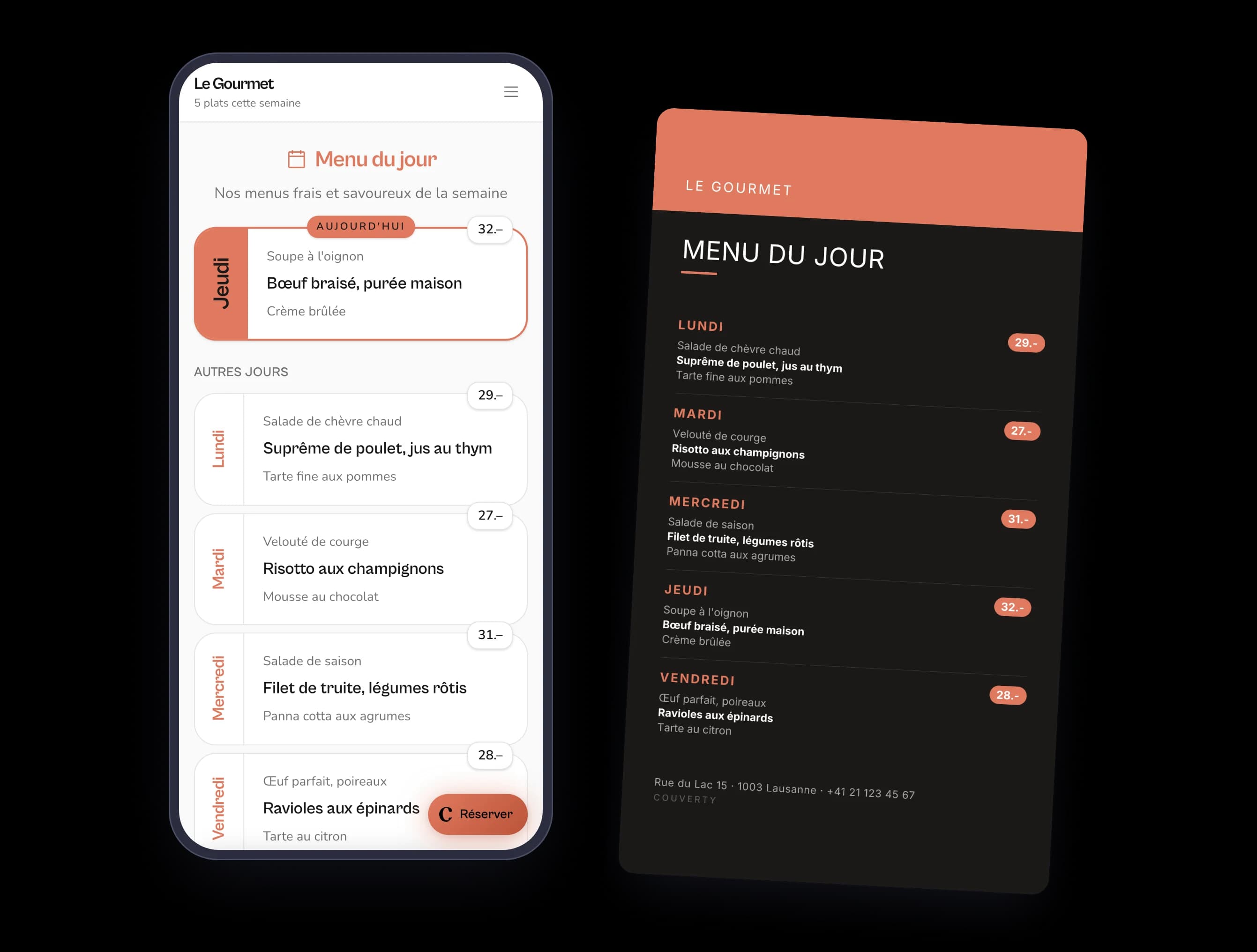 The daily menu on the restaurant's public page and as a social media poster